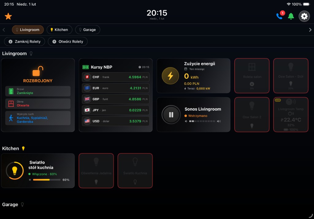 Smart Home Controller — dashboard pomieszczeń