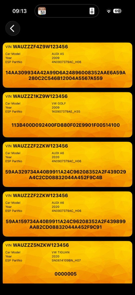 VAG ESP Long Coding Helper — zapisane kodowania
