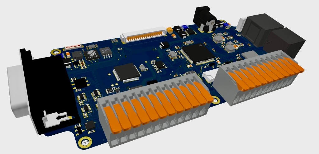 Model 3D płytki PCB — moduł z ESP32-S3 i złączami